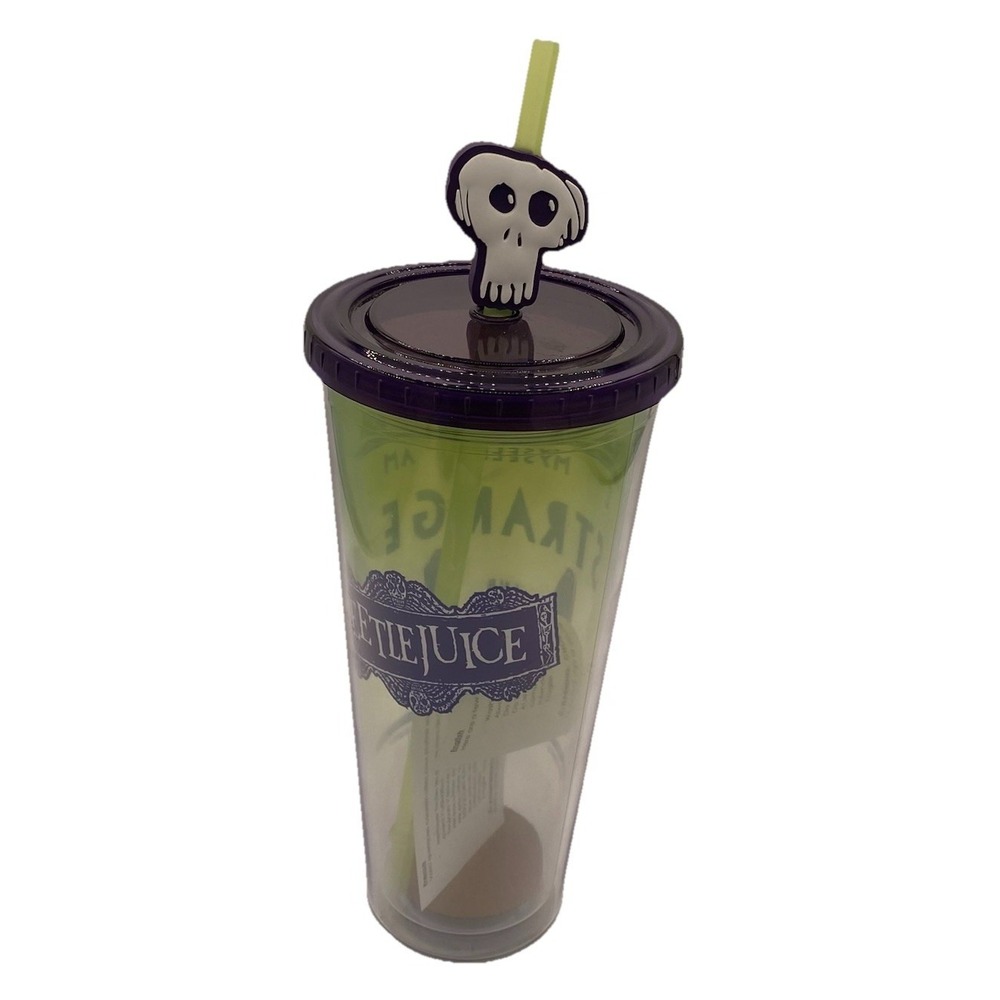 Beetlejuice Tumbler Cup w/ Skull Topper & Straw Halloween Strange & Unusual